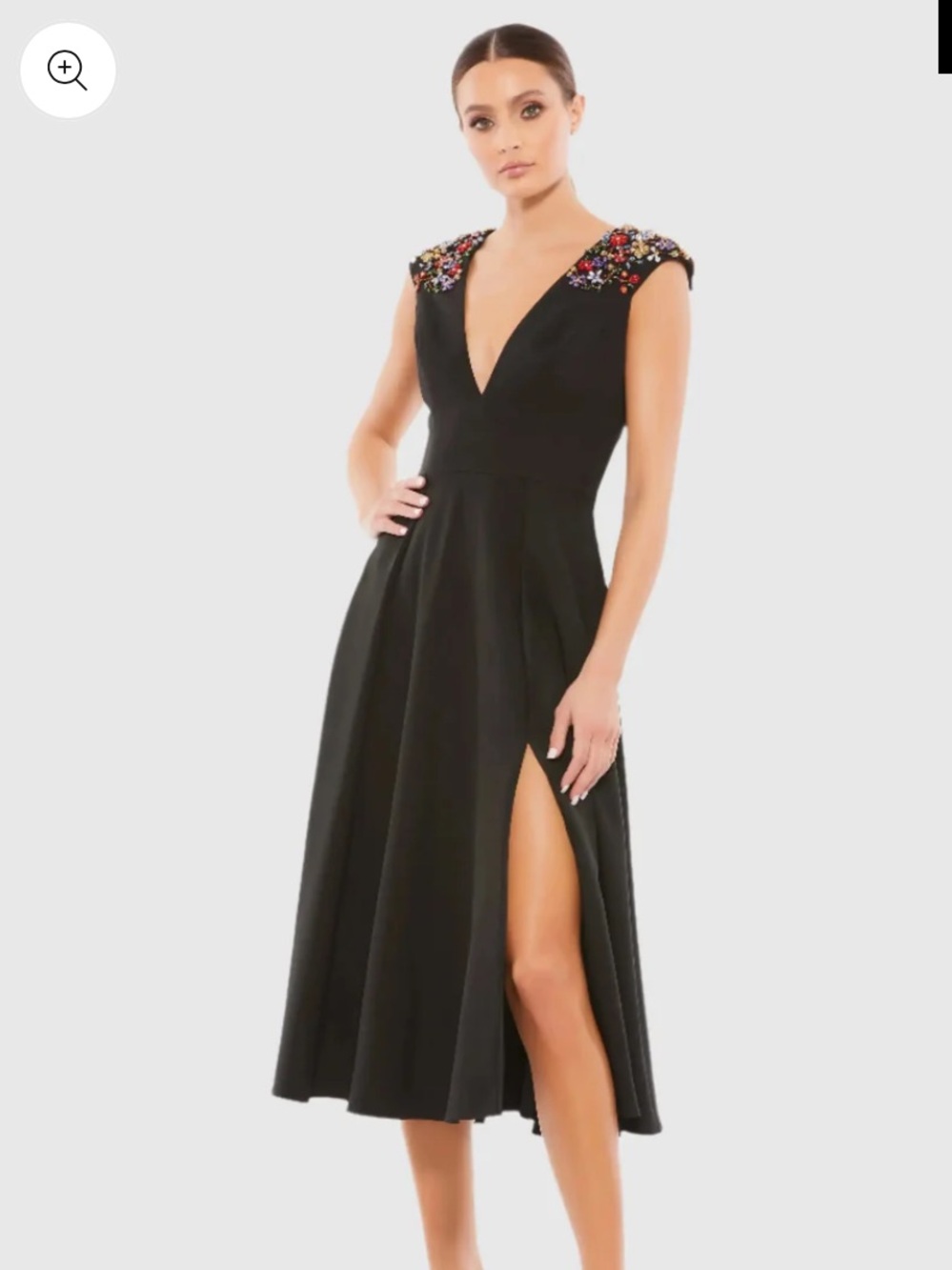 Mac Duggal Beaded Cap Sleeve A Line Midi Dress in black multi - v neck floral